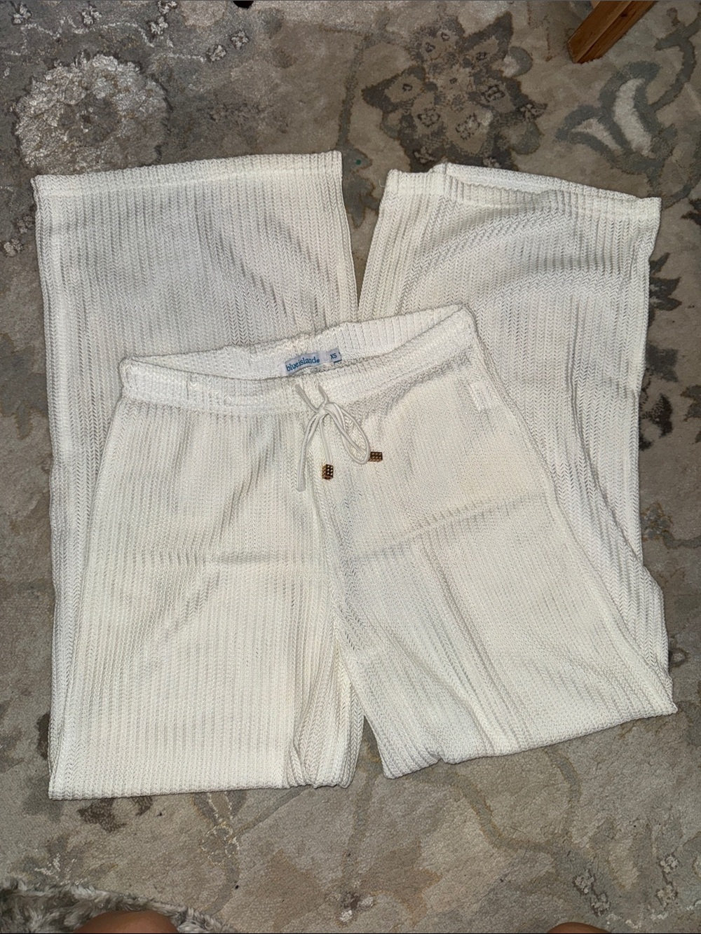 blue island White Knit Drawstring Pants with Gold Accent